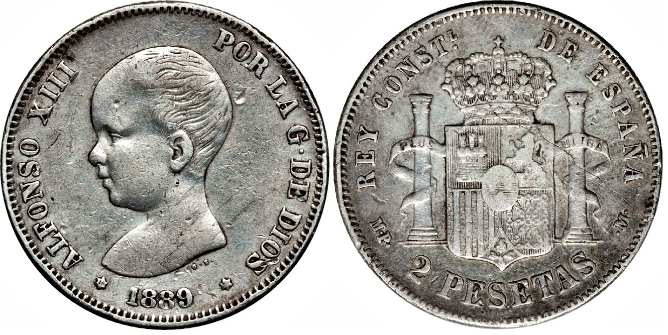 2 Silver Pesetas Alfonso XIII 1st Portrait