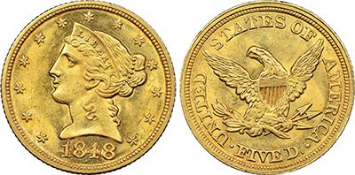 5 Gold Dollars –Coronet Head-Eagle