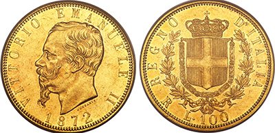 100 Gold Lire Vittorio Emanuele II